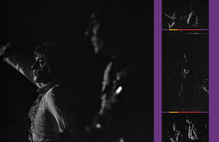 A black-and-white image of two musicians performing on stage is featured, with a purple vertical strip on the right displaying three smaller photos from The Who Winterland concert. Product: Teenage Wasteland by Schiffer Publishing, Ltd.