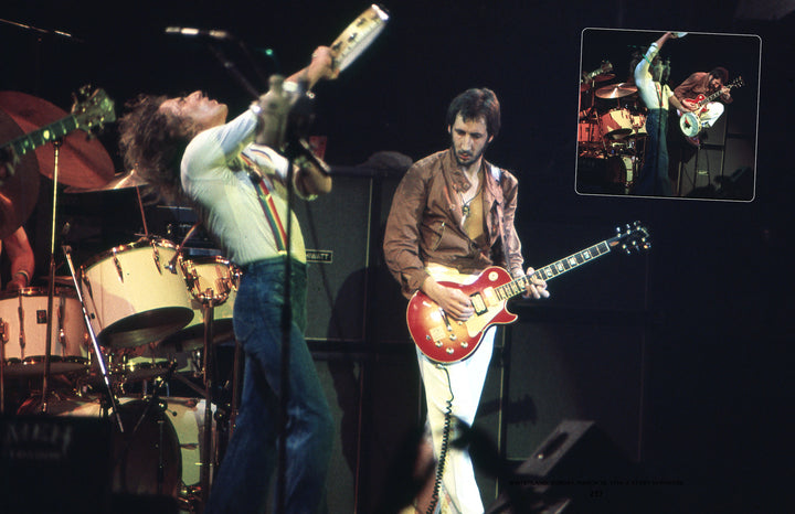 On stage at The Who Winterland San Francisco concert, one musician plays guitar as another lifts a tambourine; drums and amps fill the backdrop. An inset shows another "Teenage Wasteland" by Schiffer Publishing, Ltd.—a guitar being smashed.