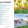 On the left, section titles and page numbers; on the right, photos of yellow tulips under a blue sky and colorful striped houses—ideal for "On the Road—Traveling Europe in a Campervan" by Schiffer Publishing, Ltd.