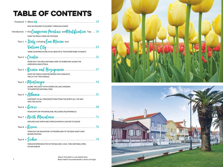 On the left, section titles and page numbers; on the right, photos of yellow tulips under a blue sky and colorful striped houses—ideal for "On the Road—Traveling Europe in a Campervan" by Schiffer Publishing, Ltd.