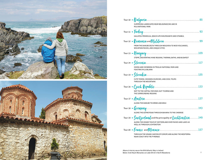 Top left: Two people on rocks by the ocean. Bottom left: Old stone church with red domes. Right: "On the Road—Traveling Europe in a Campervan" by Schiffer Publishing, Ltd., features European tours and campervan itineraries with page numbers.