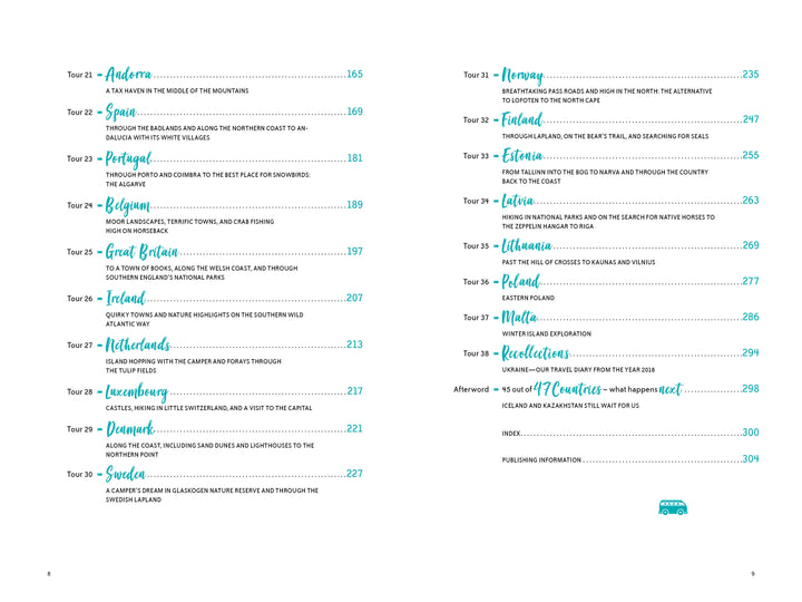 Table of contents from "On the Road—Traveling Europe in a Campervan" by Schiffer Publishing, Ltd., listing campervan tour itineraries for countries like Andorra, Spain, France, Belgium, Great Britain, Ireland, Netherlands, and Switzerland.