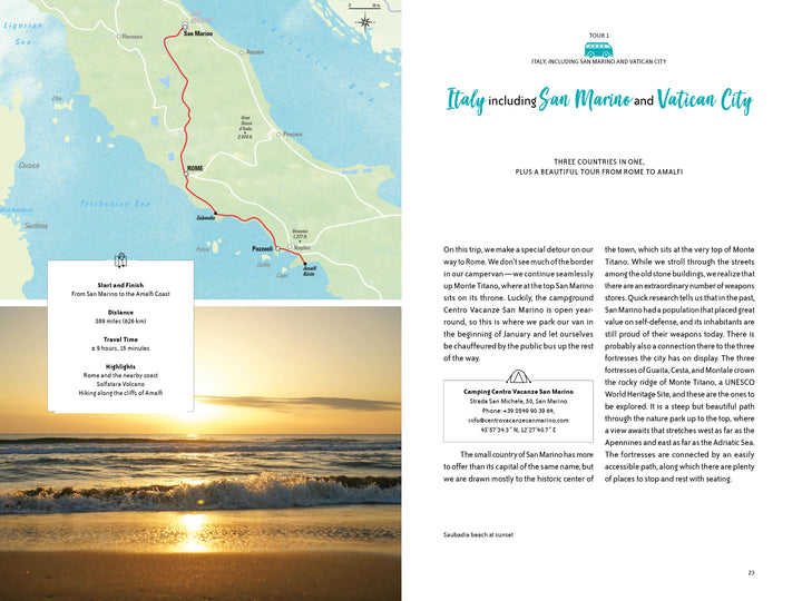 On the Road—Traveling Europe in a Campervan by Schiffer Publishing, Ltd. is a two-page travel brochure with an Italy campervan itinerary map, adventure text, a sunset ocean photo, and highlights on San Marino and Vatican City.