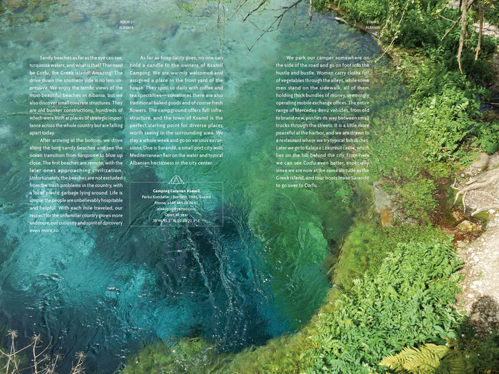 A crystal-blue spring framed by greenery is featured on "On the Road—Traveling Europe in a Campervan" from Schiffer Publishing, Ltd., with descriptive text and directions—your perfect inspiration for a campervan journey across Europe.