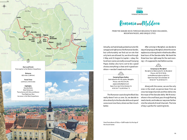 A spread from "On the Road—Traveling Europe in a Campervan" by Schiffer Publishing, Ltd. showcases a Romania-Moldova map, local highlights, food and town images, plus a facts box—ideal for planning your campervan adventure.