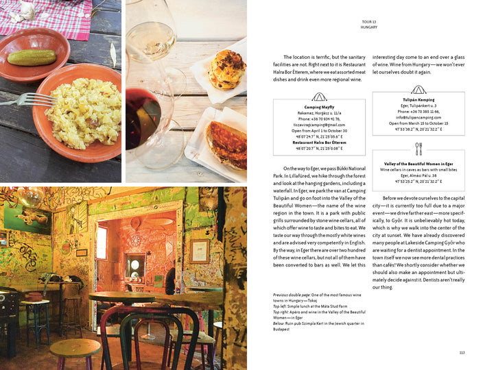 A collage features plates of food, wine, cake, a rustic bar, and Hungarian travel—perfect inspiration for your next adventure with "On the Road—Traveling Europe in a Campervan" by Schiffer Publishing, Ltd.