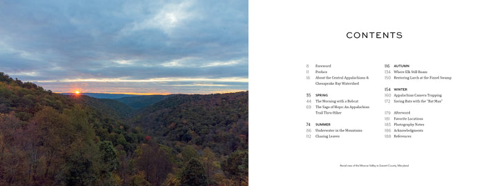 A sunset view of the Central Appalachian mountains' lush valley contrasts with a contents page from "The Central Appalachians" by Schiffer Publishing, Ltd., showcasing the area's rich biodiversity through stunning nature photography.