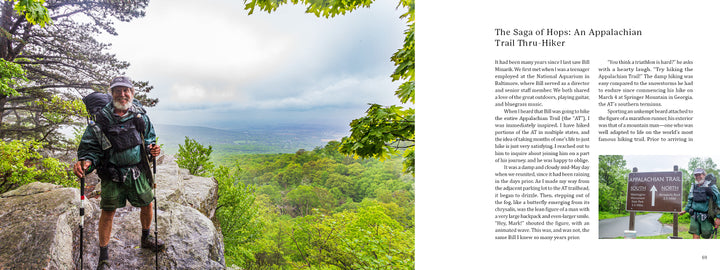 A bearded older male hiker with a large backpack stands on a rocky overlook in the Central Appalachians; inset: Appalachian Trail sign at Springer Mountain, Georgia. Product: The Central Appalachians by Schiffer Publishing, Ltd.