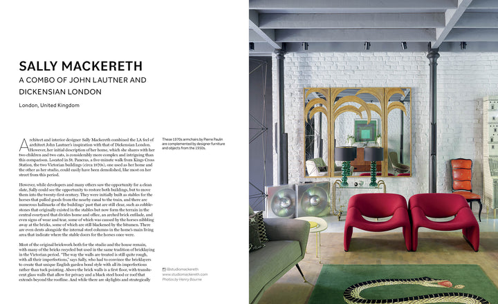 Interior Designers at Home by Schiffer Publishing, Ltd. showcases stylish living rooms with bold red chairs, a green sofa, vintage speakers, and a gold mirror—offering design inspiration against white brick walls and gray-blue beams.