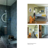 On the left, a modern bathroom features gray tile and a glass shower. On the right, a bedroom with a canopy bed and green walls showcases inspiration from "Interior Designers at Home" by Schiffer Publishing, Ltd.