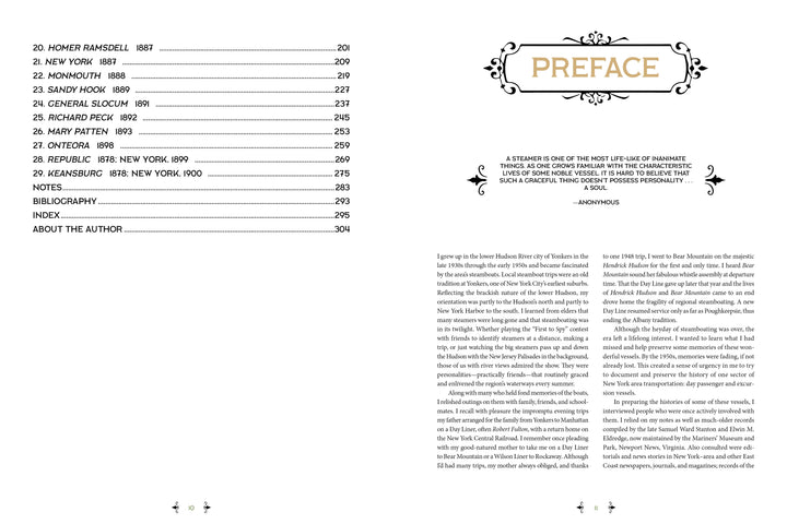 An open spread from "The Boats of Summer, Volume 1" by Schiffer Publishing, Ltd. displays the table of contents on the left and a Preface on the right with a decorative heading, quote, and two columns about maritime history and Hudson River excursion boats.