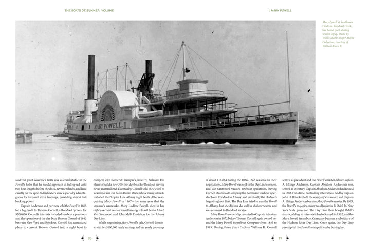 Featured in "The Boats of Summer, Volume 1" by Schiffer Publishing, Ltd., a black-and-white photo shows the Mary Powell, a famed Hudson River side paddle steamboat with two smokestacks and “MARY POWELL” signage, passengers visible on deck.