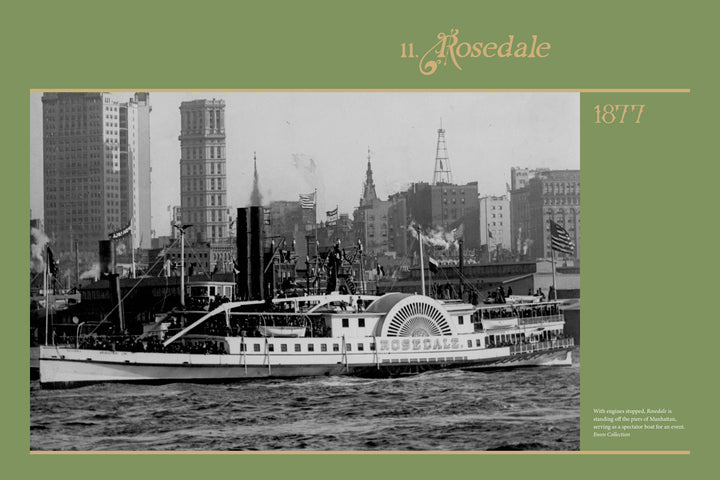 Black-and-white photo of the steamboat Rosedale in New York Harbor with flags and passengers, city skyline behind. Text "Rosedale 1877" on a green border. From "The Boats of Summer, Volume 1" by Schiffer Publishing, Ltd.
