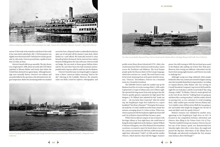 Two pages from "The Boats of Summer, Volume 1" by Schiffer Publishing, Ltd. feature black-and-white photos of Onteora steamboats on the Hudson River and explore the history of excursion boats in the region.