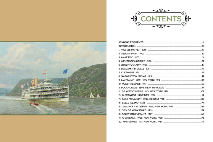 On the left is a vintage-style steamboat illustration. On the right, under an ornate CONTENTS header, a table of contents for "The Boats of Summer, Volume 2" by Schiffer Publishing, Ltd. lists chapters on maritime history and Hudson River steamboats.