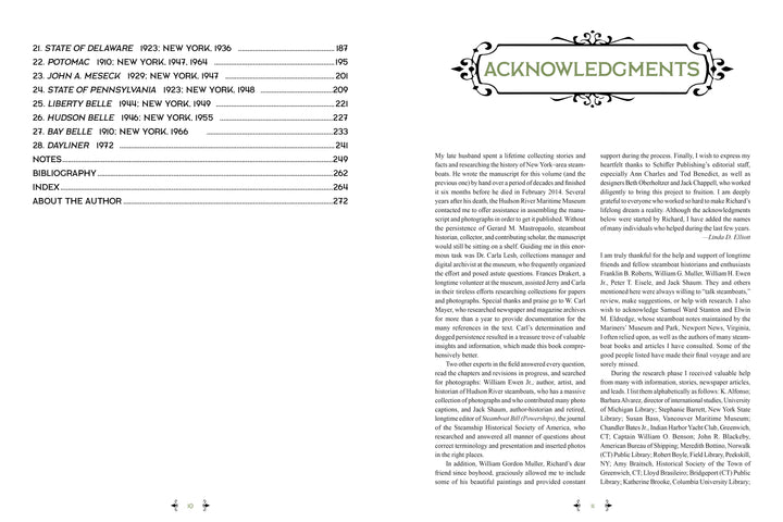 An open copy of The Boats of Summer, Volume 2 (Schiffer Publishing, Ltd.) shows a table of contents and acknowledgments in black on white pages with ornate headings inspired by Hudson River excursion steamboats.