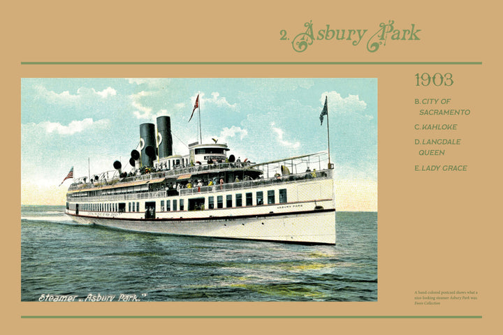 A vintage illustration from "The Boats of Summer, Volume 2" by Schiffer Publishing, Ltd. shows the steamer Asbury Park—an iconic Hudson River excursion boat—sailing under a partly cloudy sky, with “2. Asbury Park” and 1903 history details at right.