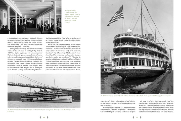 A two-page spread in "The Boats of Summer, Volume 2" by Schiffer Publishing, Ltd. features historic black-and-white photos and text about Hudson River excursion steamboats and their impact on New York’s maritime history.