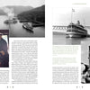 A two-page spread from "The Boats of Summer, Volume 2" by Schiffer Publishing, Ltd. showcases black-and-white photos of New York Harbor steamboats, captains, passengers on deck, and maritime history text.