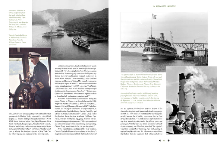 A two-page spread from "The Boats of Summer, Volume 2" by Schiffer Publishing, Ltd. showcases black-and-white photos of New York Harbor steamboats, captains, passengers on deck, and maritime history text.