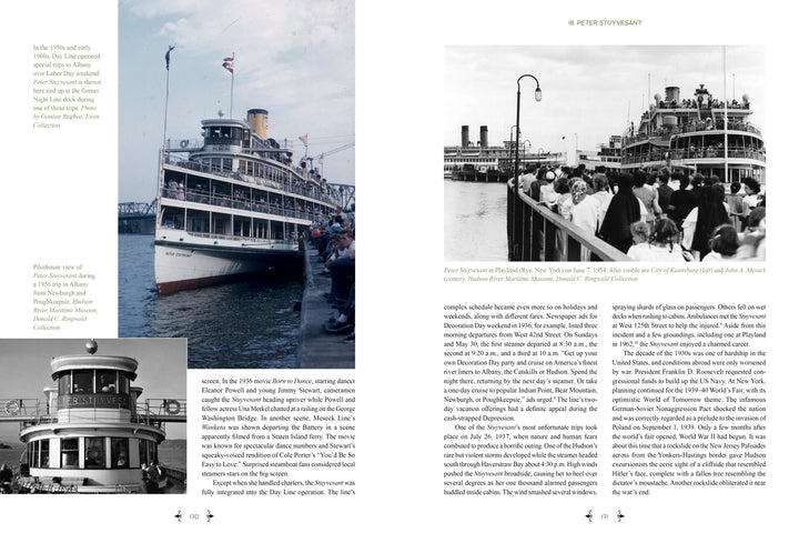 A two-page spread in "The Boats of Summer, Volume 2" by Schiffer Publishing, Ltd. showcases vintage photos of the Peter Stuyvesant ferry with passengers and text on its maritime history in New York Harbor.