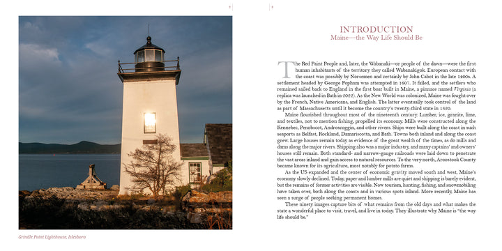 A lighthouse glows at sunset on a rocky shore, with calm waters and distant hills. On the right, text introduces Maine travel, history, and lifestyle. Product: Maine by Schiffer Publishing, Ltd.
