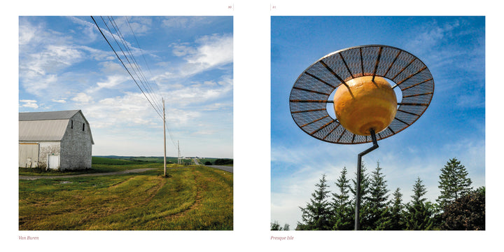 Left: A white barn in a grassy field under a blue sky—a classic Maine scene. Right: A yellow satellite-like structure with pine trees in the background. From "Maine" by Schiffer Publishing, Ltd.
