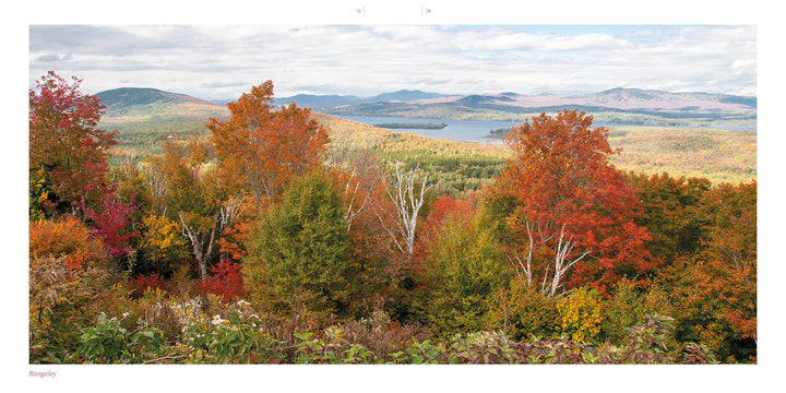 Experience Maine’s stunning autumn scenery with vibrant red, orange, and yellow foliage, distant lakes and mountains under a partly cloudy sky. Brought to you by Schiffer Publishing, Ltd.
