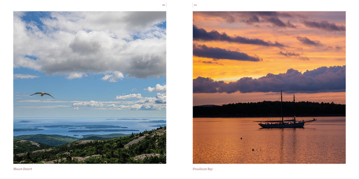 Side-by-side photos: left, a bird flies over ocean and islands; right, a sailboat rests at sunset—ideal for fans of "Maine" by Schiffer Publishing, Ltd.
