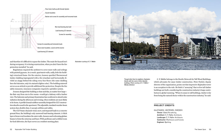 On the left, "Innovations in Mass Timber" by Schiffer Publishing, Ltd. shows a mass timber building wall detail; on the right, sailboats and modern commercial buildings stand behind trees under a partly cloudy sky.