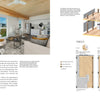 On the left is a modern living room featuring a mass timber ceiling from "Innovations in Mass Timber" by Schiffer Publishing, Ltd. On the right are architectural diagrams and floor plans for studio and one-bedroom apartments.