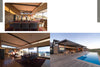 Three images from The Art of Luxury Design by Schiffer Publishing, Ltd. showcase an elegant dining room, a spacious indoor-outdoor living area, and a wide poolside deck—highlighting the essence of luxury home architecture.