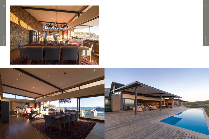 Three images from The Art of Luxury Design by Schiffer Publishing, Ltd. showcase an elegant dining room, a spacious indoor-outdoor living area, and a wide poolside deck—highlighting the essence of luxury home architecture.