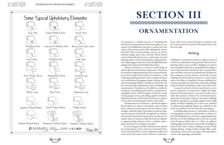 On the left, Elements of Furniture Design by Schiffer Publishing, Ltd. features labeled sketches of upholstery design elements; on the right, a book page titled Section III: Ornamentation discusses molding in furniture construction.