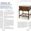 A two-page spread from Elements of Furniture Design by Schiffer Publishing, Ltd. shows text on furniture design (left) and a photo of an antique wooden table with drawer and intricate legs (right) on a white background.