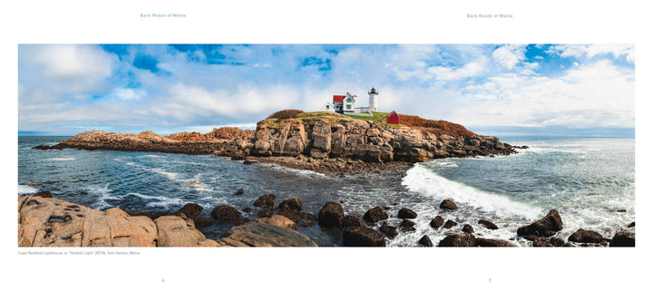 Capture the iconic charm of Maine’s Cape Neddick with "Back Roads of Maine" by Schiffer Publishing, Ltd.—featuring a white lighthouse and red-roofed house on a rocky cliff, ideal for landscape photography and rural town inspiration.