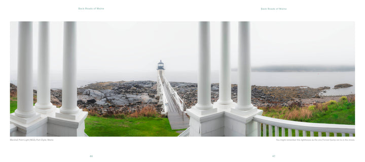 Capture the serene coastal beauty of Maine with "Back Roads of Maine" by Schiffer Publishing, Ltd.—featuring panoramic photography of small lighthouses, long wooden walkways, rocky shorelines, and misty landscapes. Perfect for any landscape photographer.