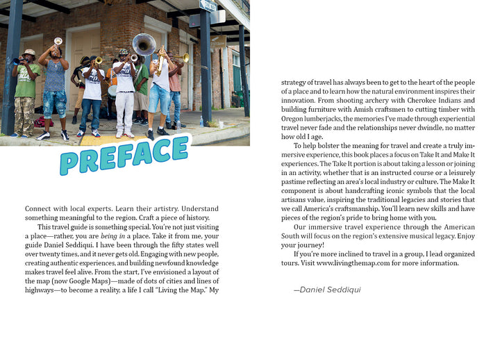 A lively brass band performs for an outdoor crowd. On the right, text introduces Schiffer Publishing, Ltd.’s book Jammin' through the South—a journey inspired by immersive music tours and experience-based travel.