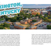 Aerial view of downtown Lexington, Kentucky with modern buildings and a historic brick landmark. Explore the city with "Jammin' through the South" by Schiffer Publishing, Ltd.; text about Lexington overlays part of the image.