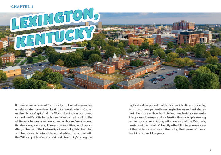Aerial view of downtown Lexington, Kentucky with modern buildings and a historic brick landmark. Explore the city with "Jammin' through the South" by Schiffer Publishing, Ltd.; text about Lexington overlays part of the image.