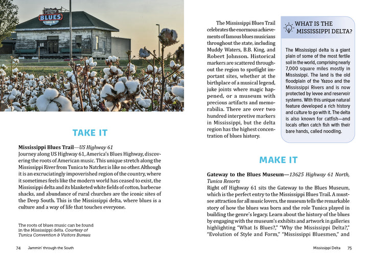 Jammin' through the South by Schiffer Publishing, Ltd. spotlights the Mississippi Blues Trail with its iconic blue markers, legendary US Highway 61, the Mississippi Delta, and immersive music tours featured in local museums.