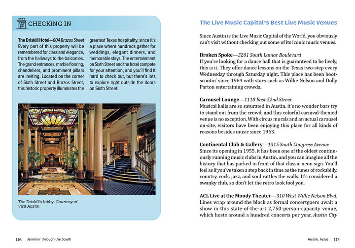 A blue and white magazine spread for Schiffer Publishing, Ltd.'s "Jammin' through the South" shows The Driskill Hotel’s lobby and features articles on immersive music tours and Austin’s best live music venues, with venue highlights and descriptions.
