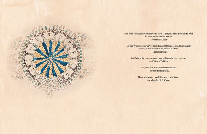 On the left, "Voynich Reconsidered" by Schiffer Publishing, Ltd. features a blue and beige circular botanical design; on the right, inspirational quotes appear over a tan textured background.