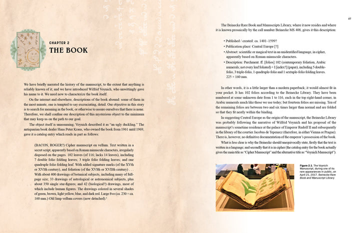 A two-page spread from Voynich Reconsidered by Schiffer Publishing, Ltd.: left page shows Chapter 2, "The Book," with an ornate book illustration and main text; right page features descriptive text, a small manuscript photo, and a large Voynich manuscript image.