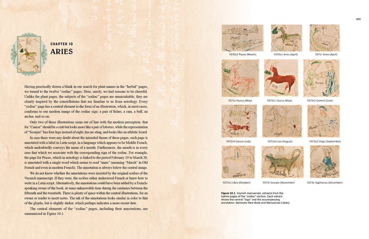 An open spread from Voynich Reconsidered by Schiffer Publishing, Ltd. shows Chapter 10: Aries with ram art and text on the left, and twelve labeled botanical or animal illustrations from the Voynich manuscript on the right.