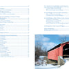 On the left is the table of contents from "Crossing under Cover" by Schiffer Publishing, Ltd.; on the right, a red covered bridge in Chester County, PA, crosses a partially frozen creek amid bare trees and light snow.