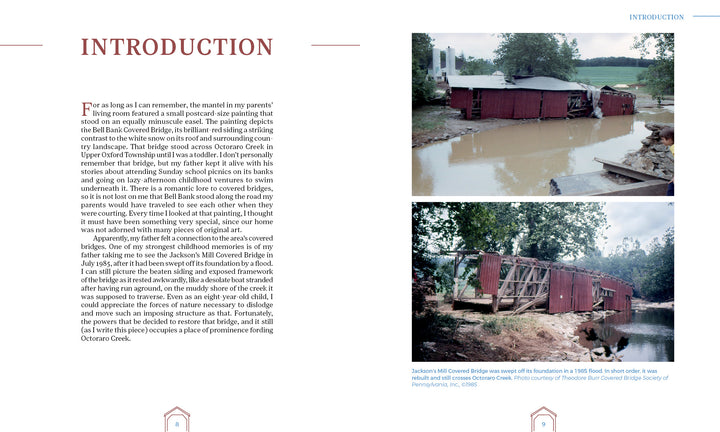 A two-page spread from Crossing under Cover by Schiffer Publishing, Ltd.: the left page displays Introduction and text, while the right shows a photo of a red, weathered covered bridge over a river amid trees in Chester County, Pennsylvania.