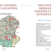 A map of Chester County, PA, and New Castle County, DE, marked with covered bridges, sits beside the title page of "Crossing under Cover" by Schiffer Publishing, Ltd., along with highlighted details on Bartram’s covered bridge history.