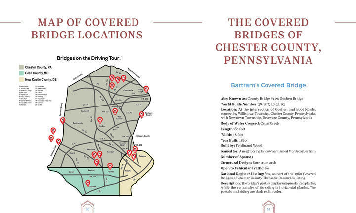 A map of Chester County, PA, and New Castle County, DE, marked with covered bridges, sits beside the title page of "Crossing under Cover" by Schiffer Publishing, Ltd., along with highlighted details on Bartram’s covered bridge history.
