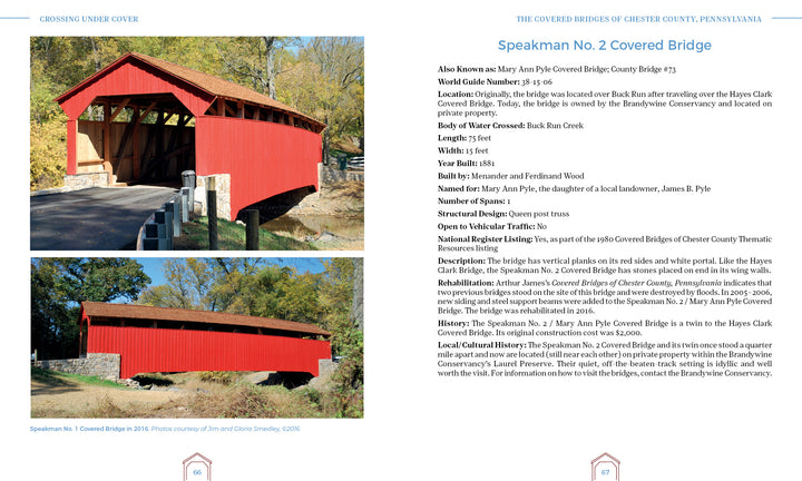 Two photos from "Crossing under Cover" by Schiffer Publishing, Ltd. highlight a bright red, gabled-roof covered bridge in Chester County, PA, spanning a creek amid fall foliage—showcasing the area's historic bridges.